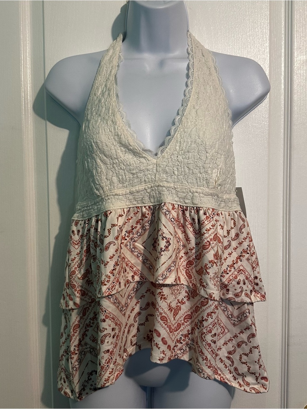 Madden Girl Cream Lace Halter Camisole with Rust Paisley Tiers